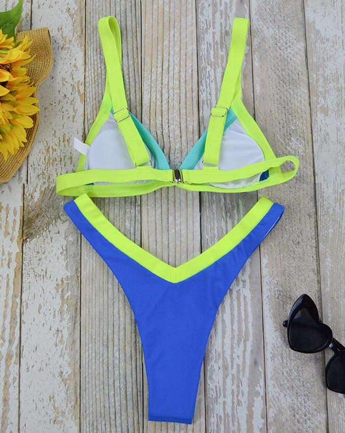 Color Block High Cut Triangle Bikini Set