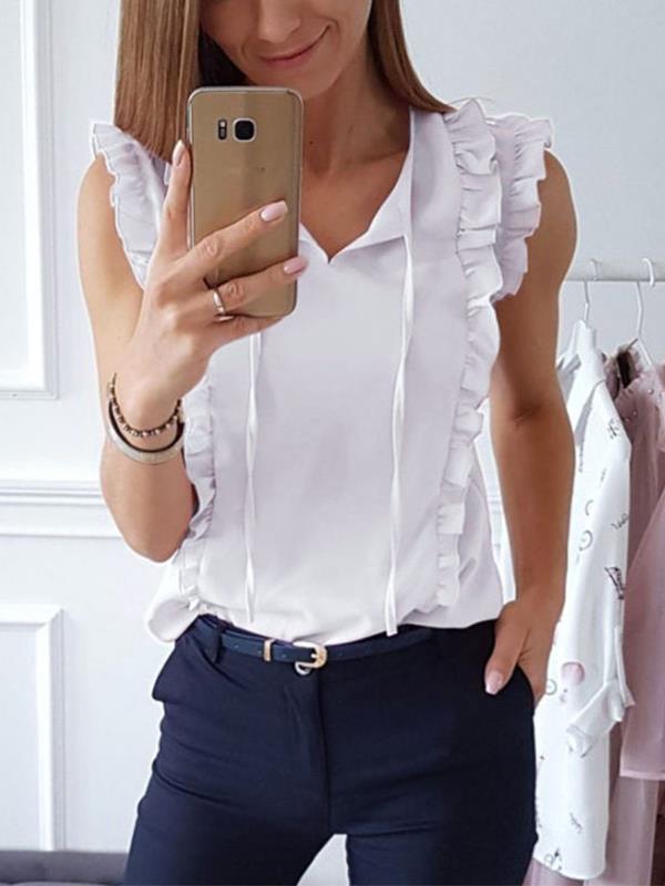 Asymmetric Neck Ruffle Trim T-Shirts