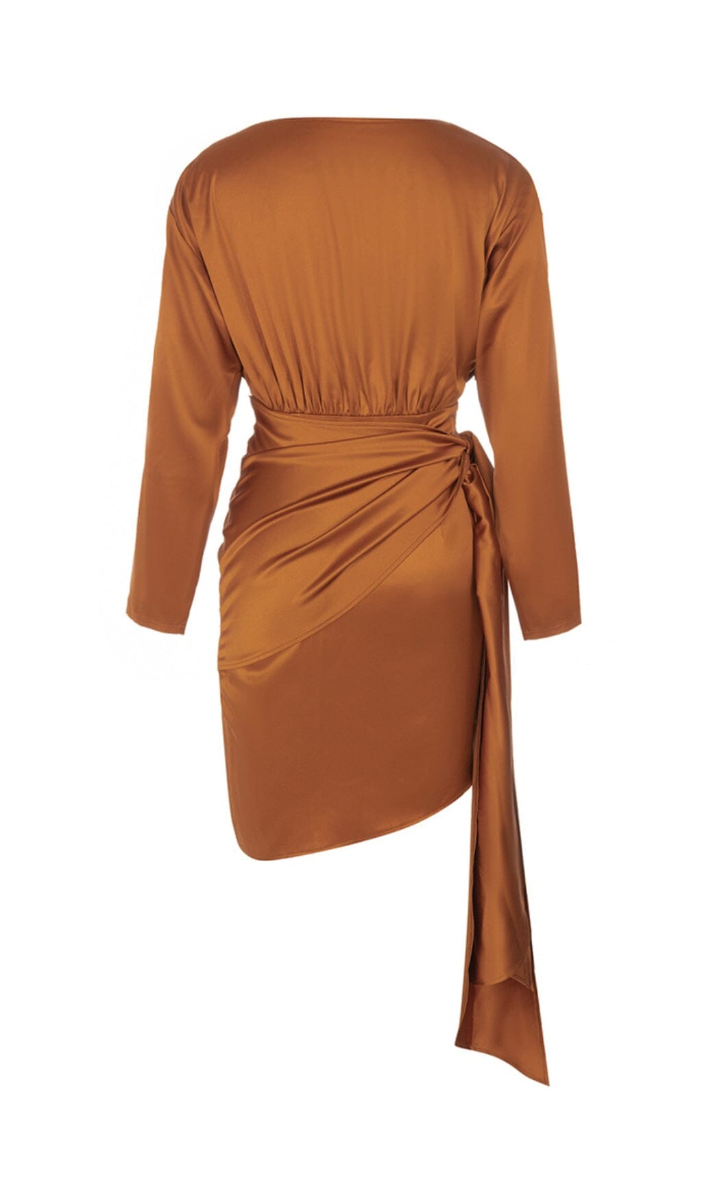 IRREGULAR RUFFLED BUTTOCK WRAP DRESS IN CARAMEL