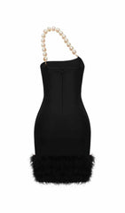 BANDAGE FEATHER PEARL MINI DRESS IN BLACK