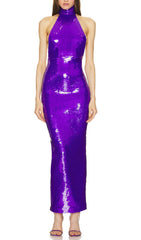 HALTER NECK SEQUIN MIDI DRESS IN PURPLE