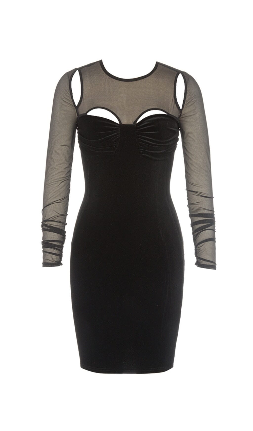 BLACK CREWNECK MESH STITCHED VELVET DRESS