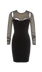 BLACK CREWNECK MESH STITCHED VELVET DRESS