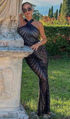 HALTER SEQUIN MAXI DRESS IN BLACK