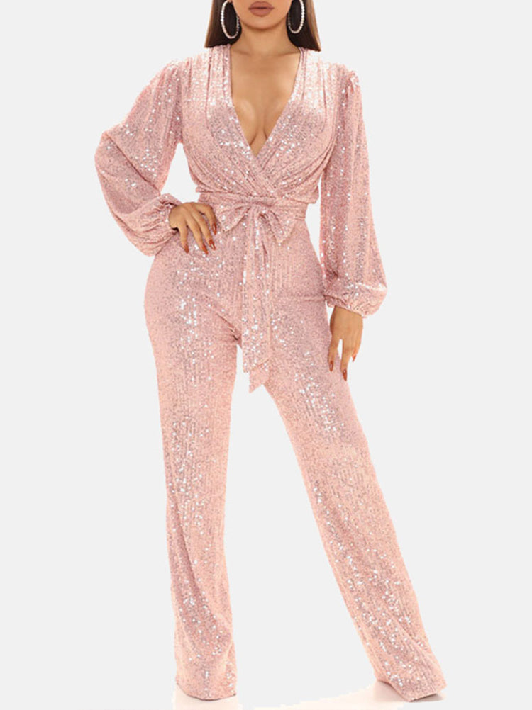 Sequin Long Sleeve V Neck Jumpsuits