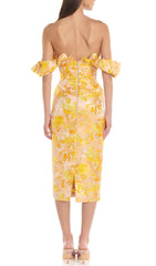 JACQUARD OFF SHOULDER MIDI DRESS IN YELLOW