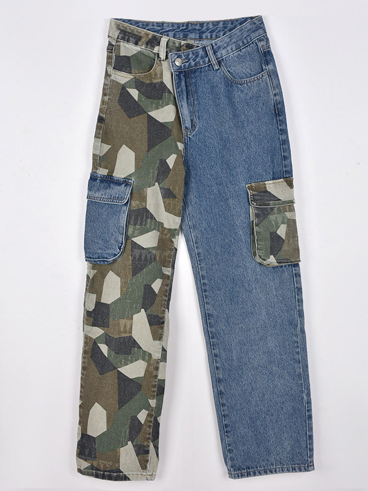 Camouflage Denim Patchwork Pants with Pockets