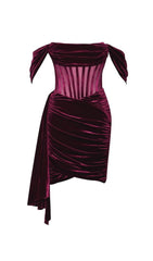 IRISA BURGUNDY DRAPING OFF SHOULDER CORSET DRESS