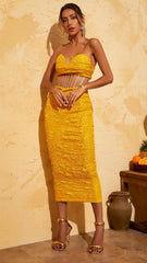 JACQUARD STRAPLESS MIDI DRESS IN YELLOW