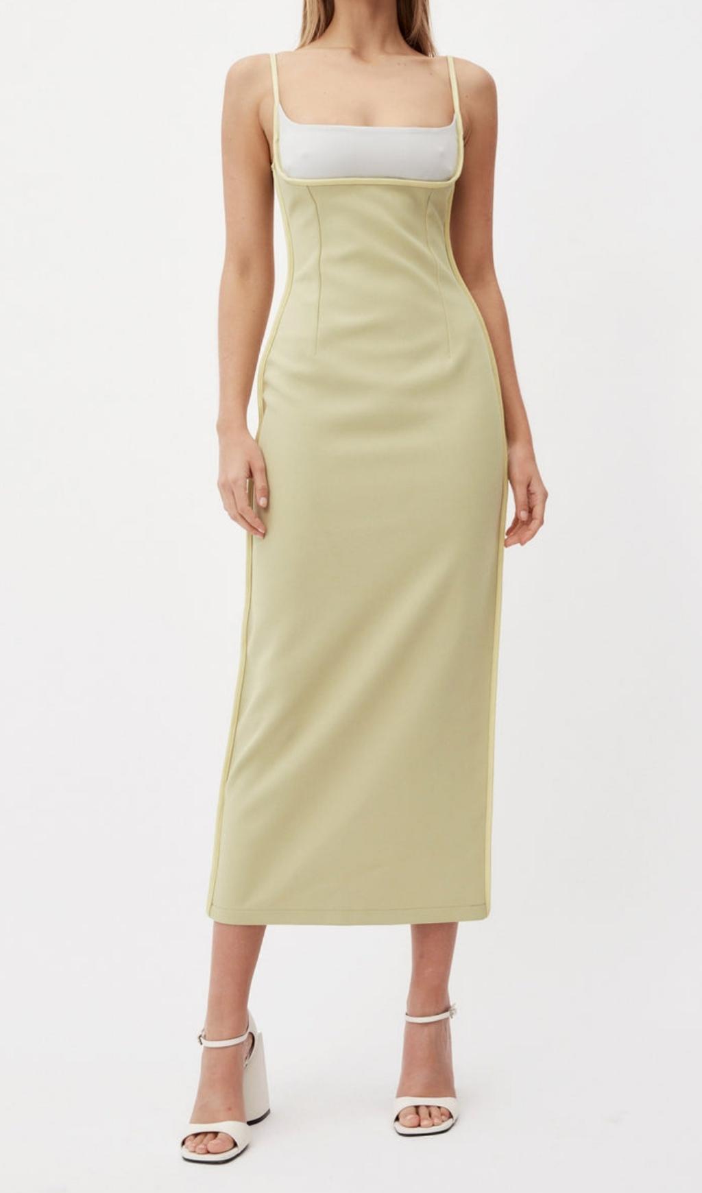 BANDAGE BACKLESS MIDI DRESS IN BUFF