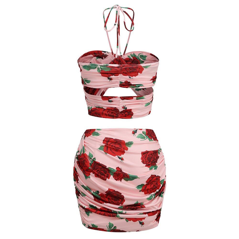 HALTERNECK ROSE PRINTED SKIRT SET