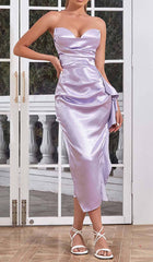 BANDEAU RUCHED SATIN MIDI DRESS IN LILAC