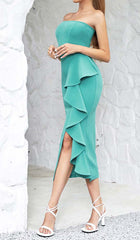 BANDEAU RUFFLES MIDI DRESS IN GREEN