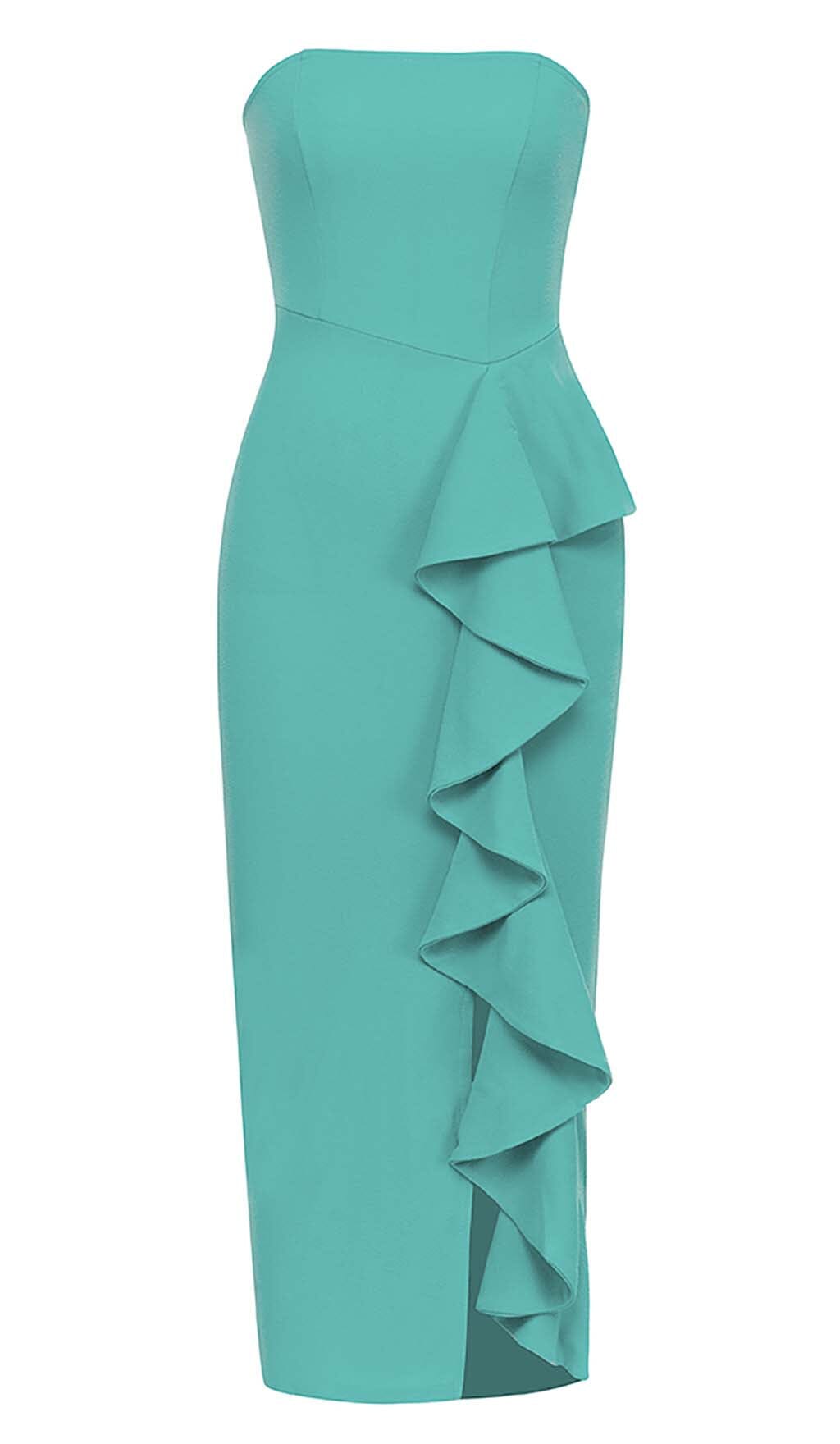 BANDEAU RUFFLES MIDI DRESS IN GREEN