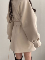 Puff Sleeve Belted Woolen Coat