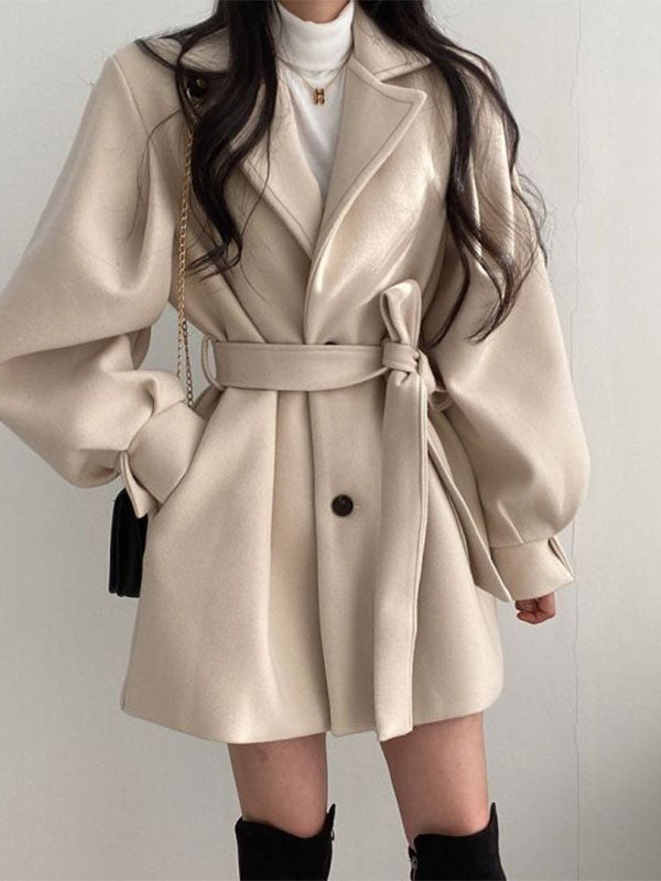 Puff Sleeve Belted Woolen Coat