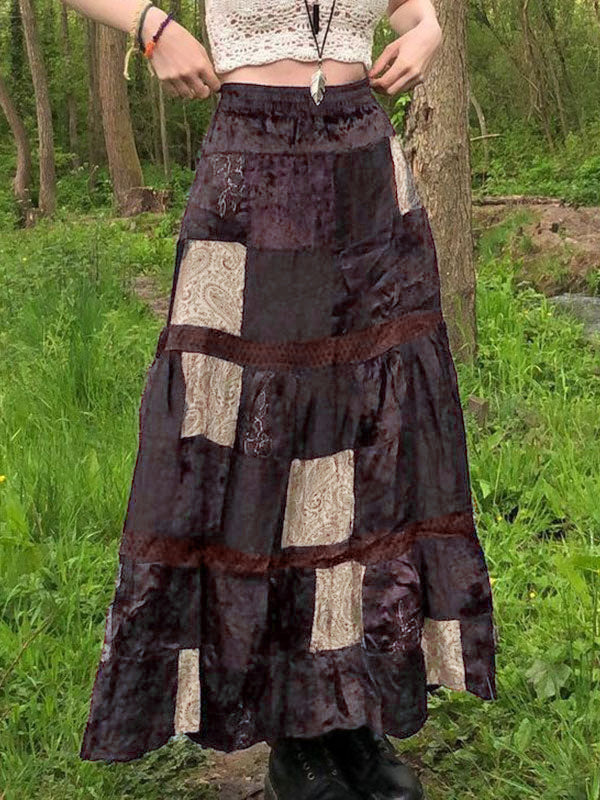 Patchwork Velvet Printed Maxi Skirt