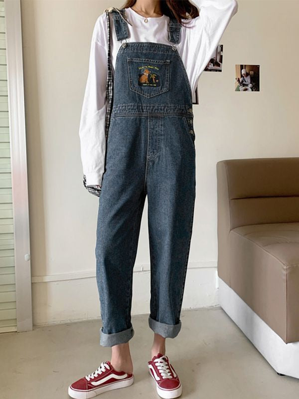 Embroidered Pocket Denim Overall Jeans