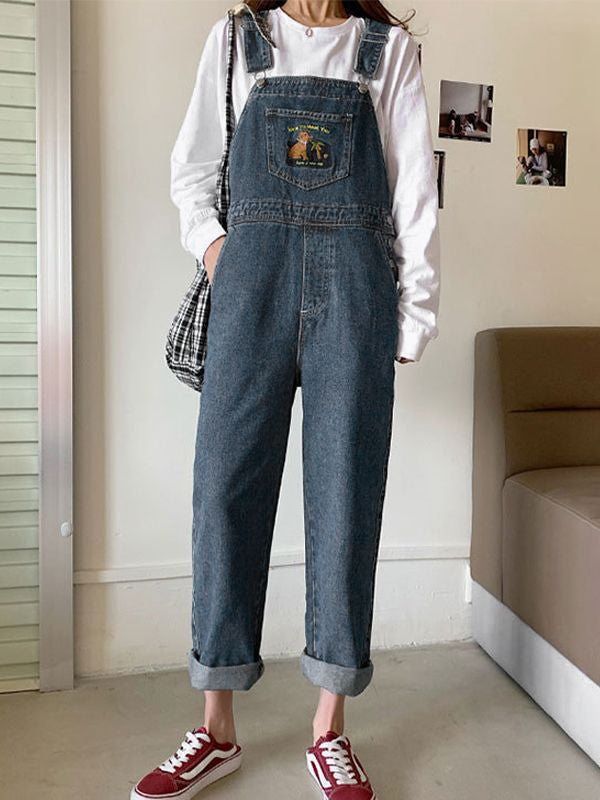 Embroidered Pocket Denim Overall Jeans