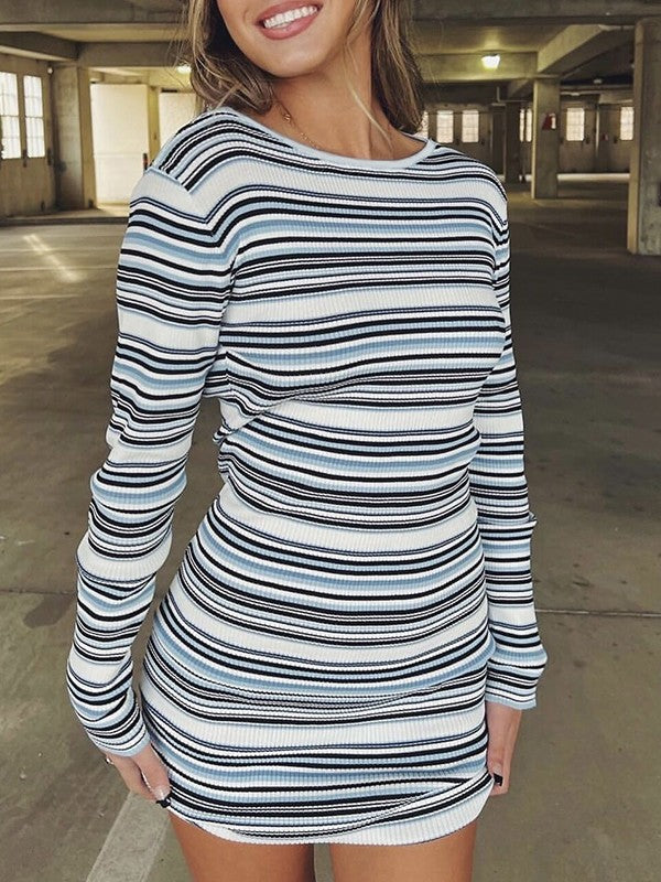 Backless Long Sleeve Striped Knit Mini Dress