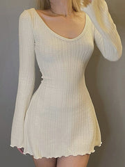 Backless Knitted Long Sleeve Mini Dress