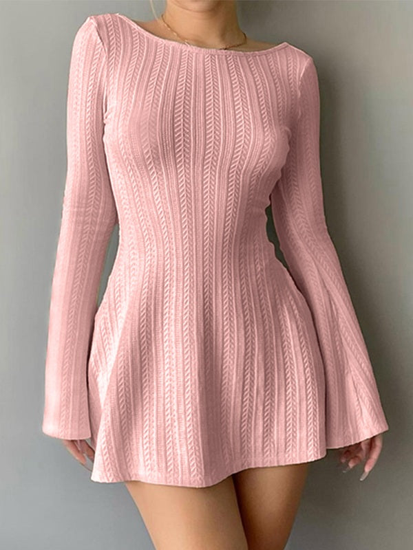 Backless Knitted Long Sleeve Mini Dress