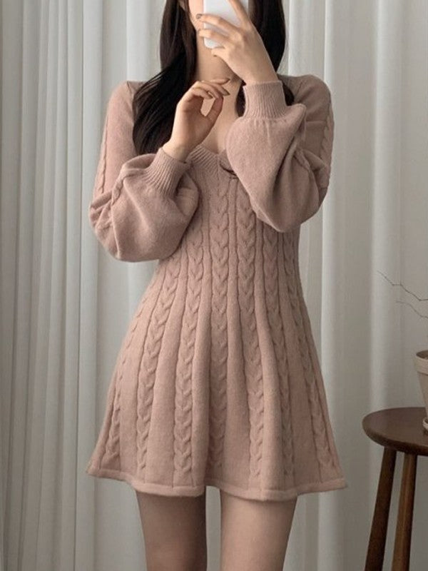 V Neck Cable Knit Long Sleeve Mini Dress