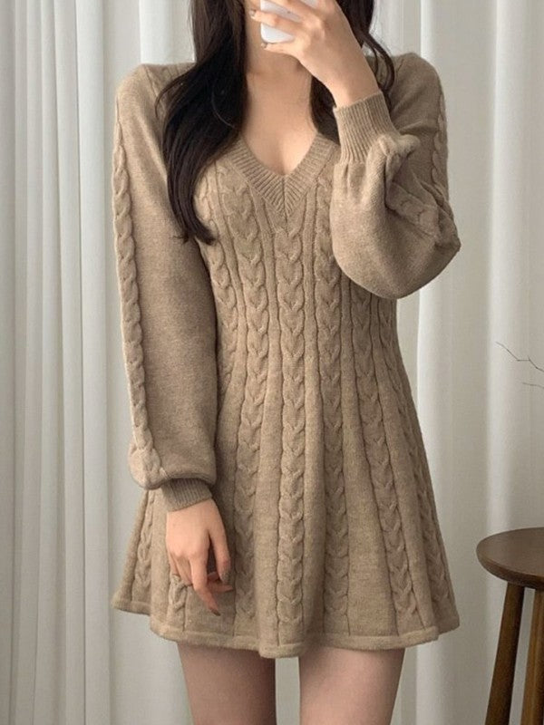 V Neck Cable Knit Long Sleeve Mini Dress