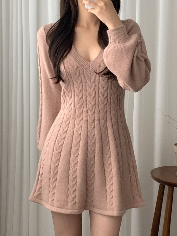 V Neck Cable Knit Long Sleeve Mini Dress