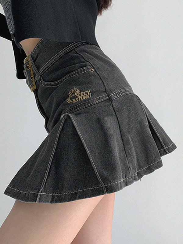 Buckle Belt Pleated Denim Mini Skirt