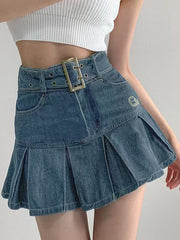 Buckle Belt Pleated Denim Mini Skirt