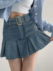 Buckle Belt Pleated Denim Mini Skirt