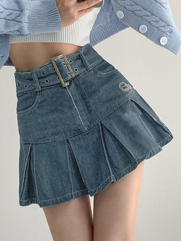 Buckle Belt Pleated Denim Mini Skirt