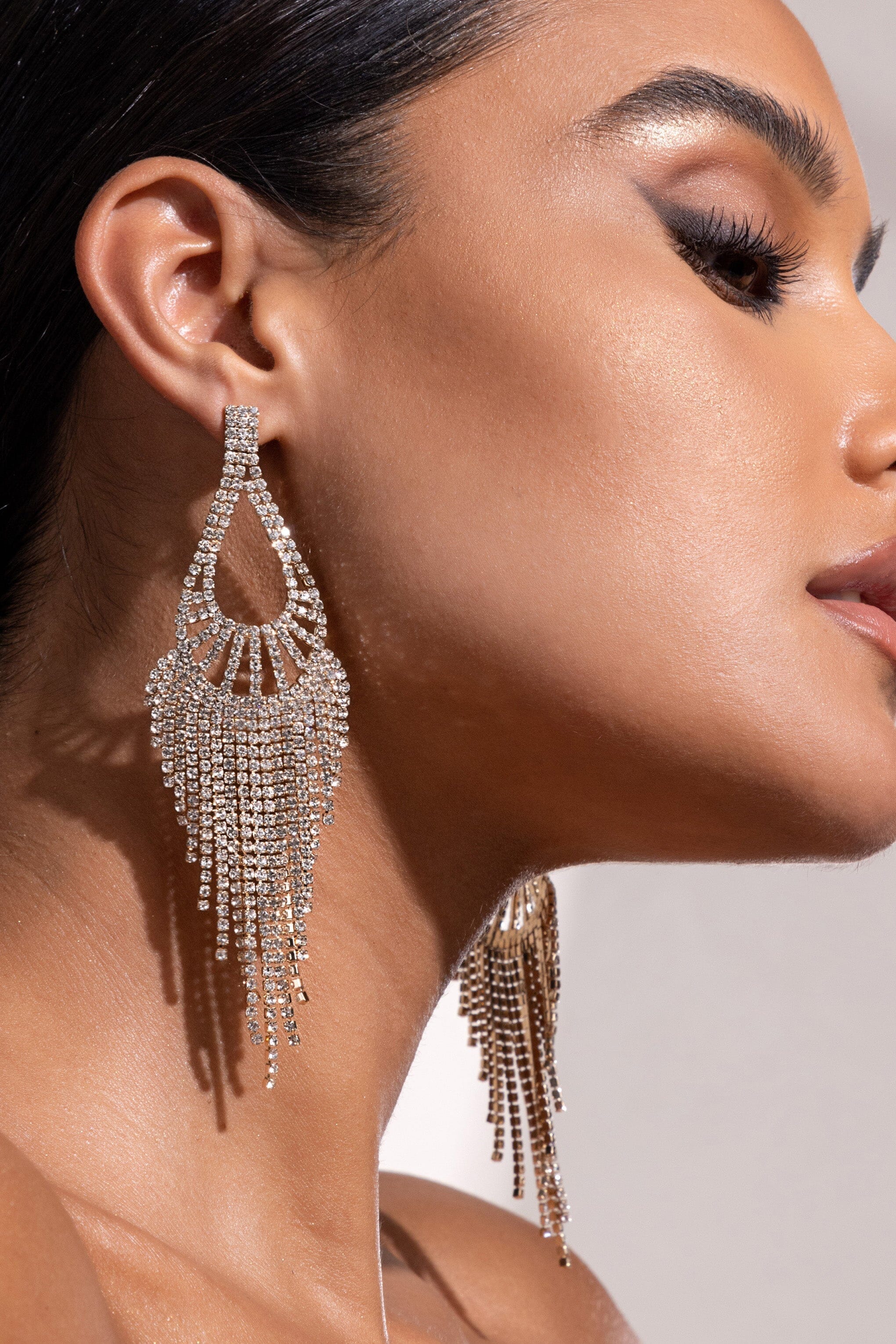 GOLD DIAMANTE TEARDROP TASSEL EARRINGS