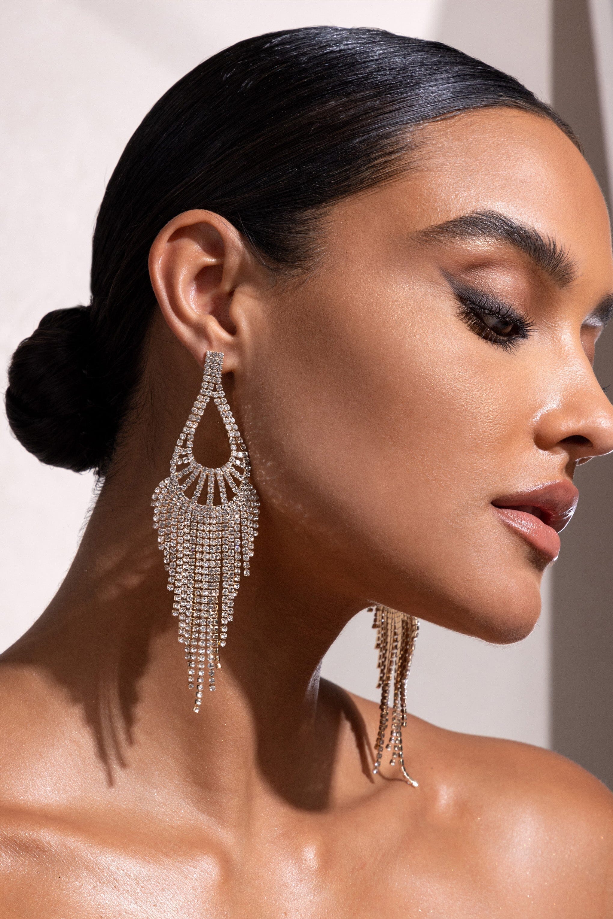 GOLD DIAMANTE TEARDROP TASSEL EARRINGS