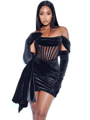 IRISA BLACK DRAPING OFF SHOULDER CORSET DRESS