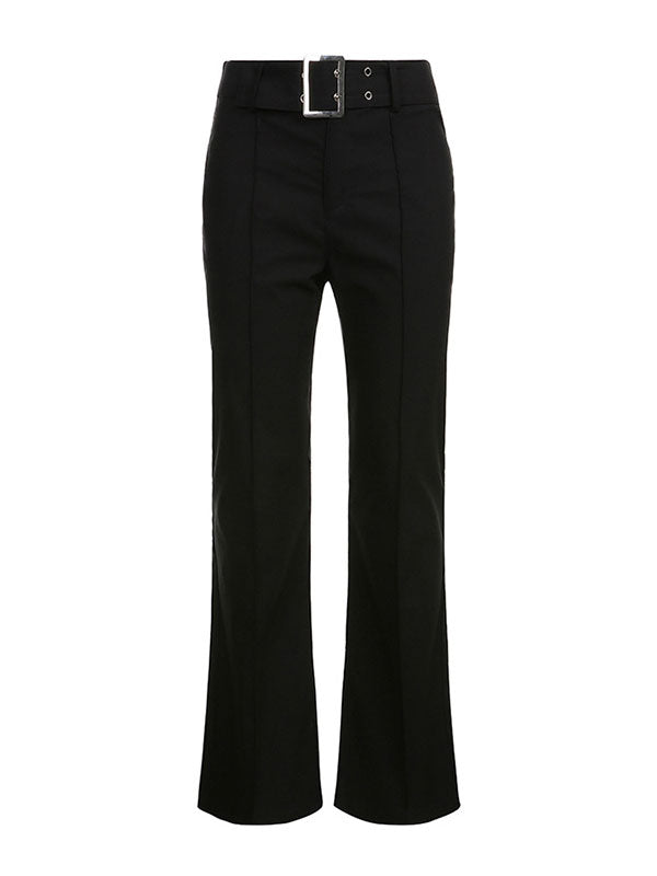 Buckle Belted Flare Leg Pants