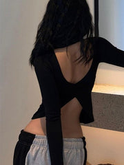 Backless Slit Black Long Sleeve Top