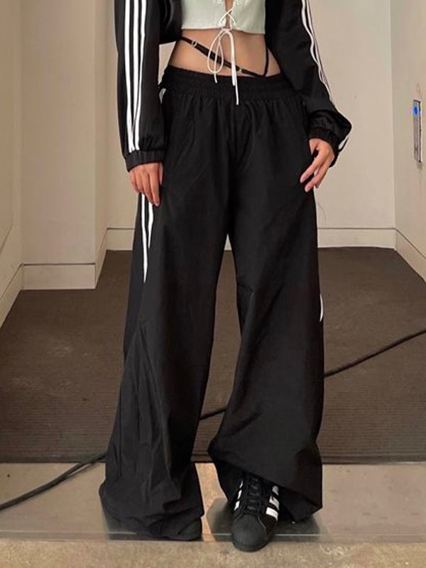 Side Striped Black Wide Leg Pants