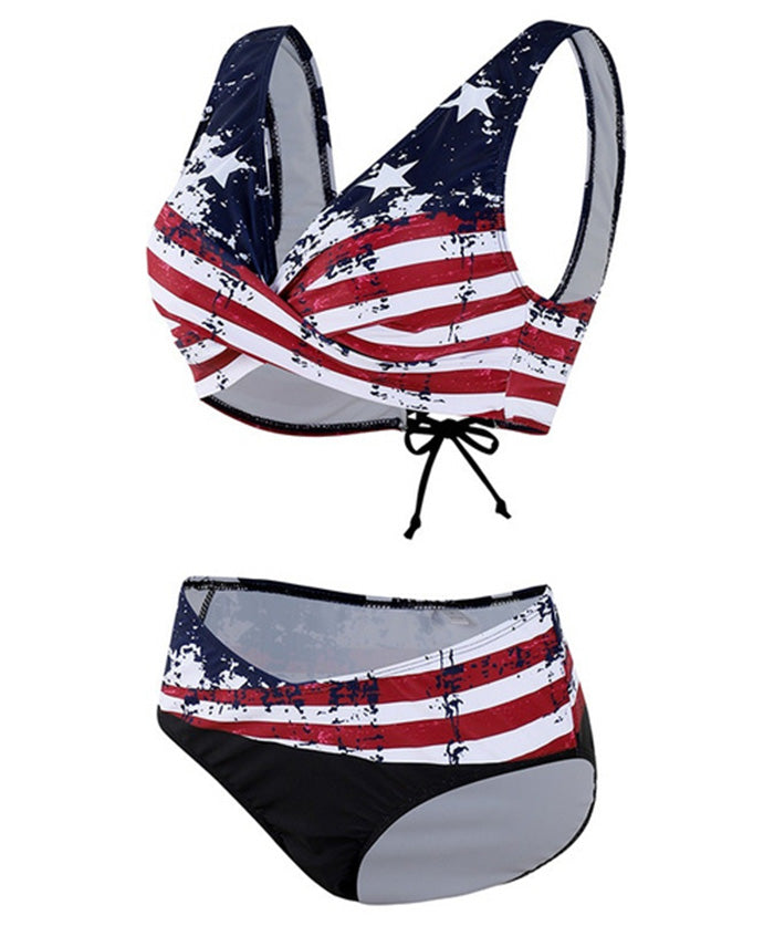 Star And Stripe Print Cross Bandage High Waist Bikini