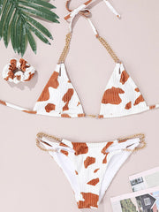 Cow Print Halter Chain Bikini Set