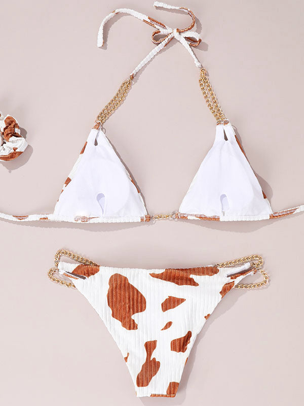 Cow Print Halter Chain Bikini Set