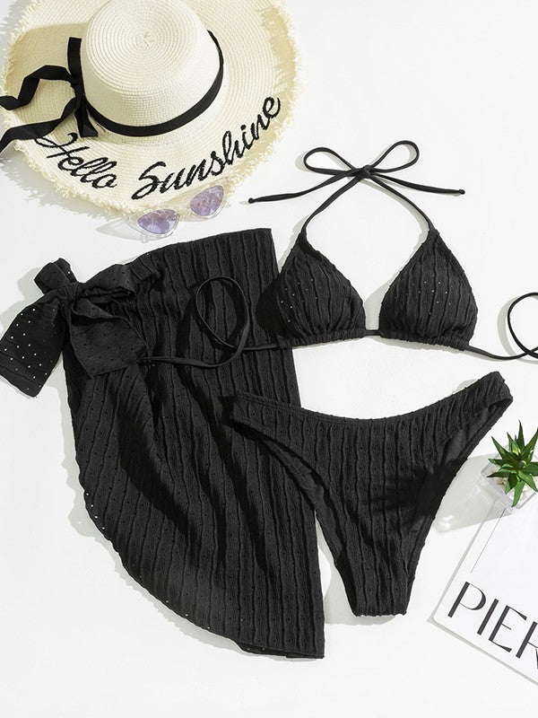 Hollow Out Striped Three Piece Swimsuit