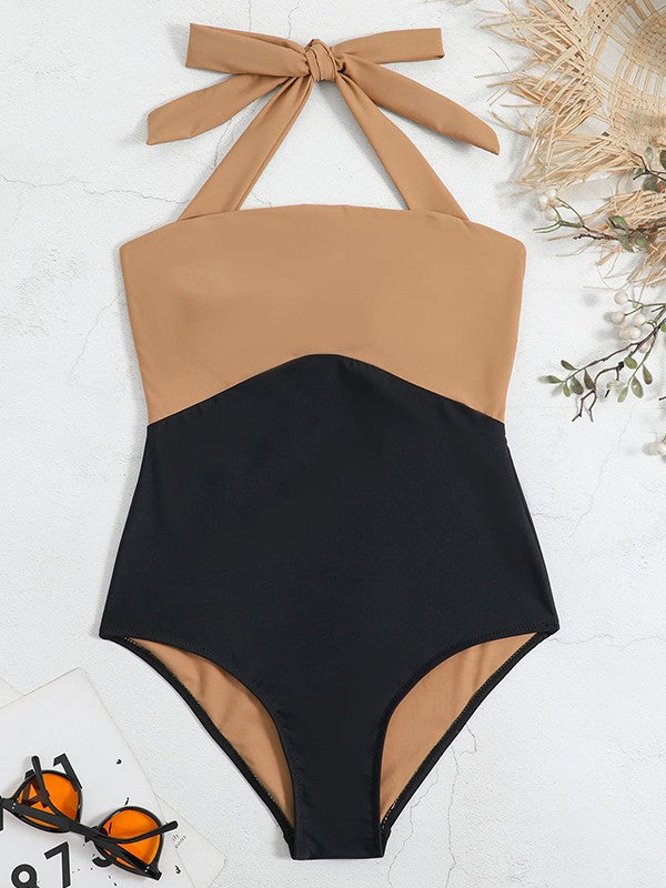 Color Block Halter One Piece Swimsuit