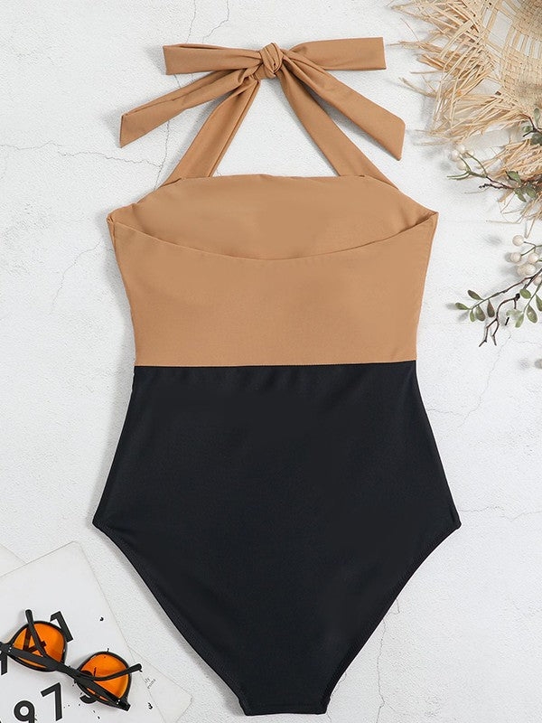 Color Block Halter One Piece Swimsuit