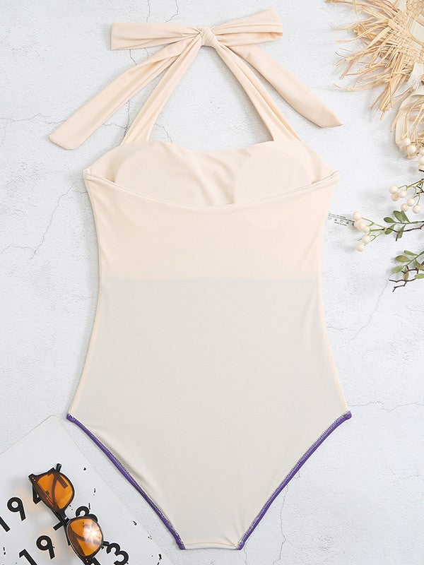 Color Block Halter One Piece Swimsuit