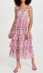 FLORAL-APPLIQUÉ TIERED MIDI DRESS IN PINK