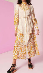 FLORAL-PRINT ROPE BELT MIDI DRESS IN IVORY