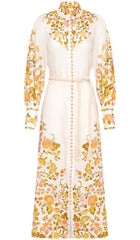 FLORAL-PRINT ROPE BELT MIDI DRESS IN IVORY