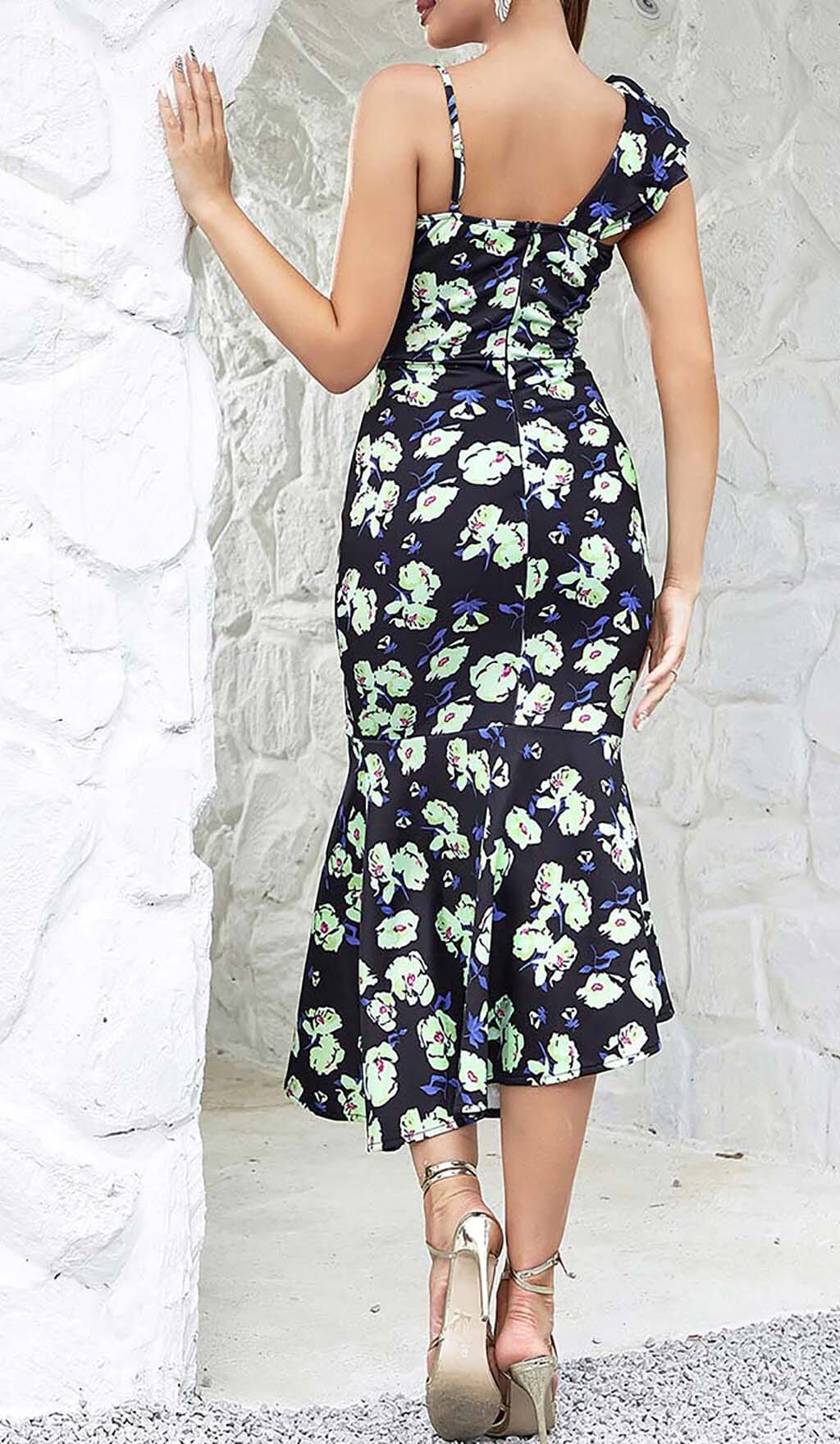 FLORAL PRINT RUFFLES MIDI DRESS